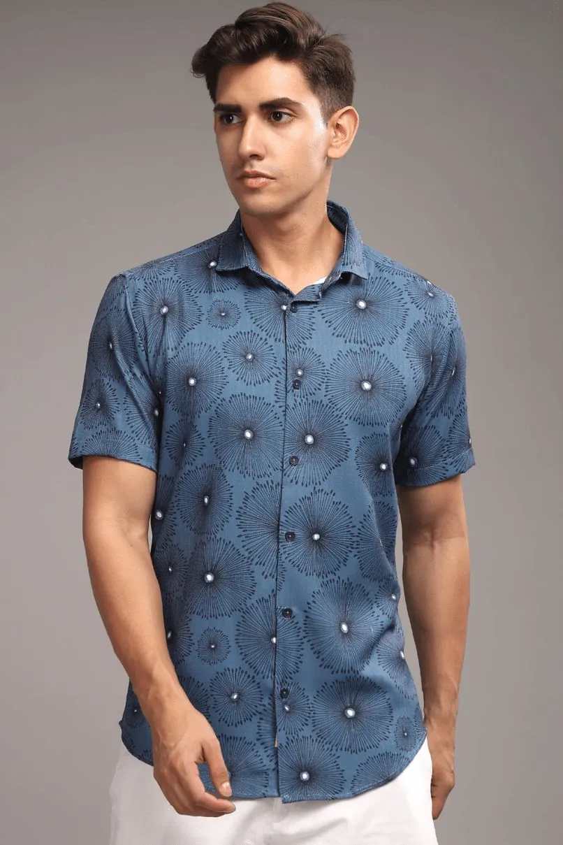 Blue Blossom Printed shirt - Half - Wrinkle Free