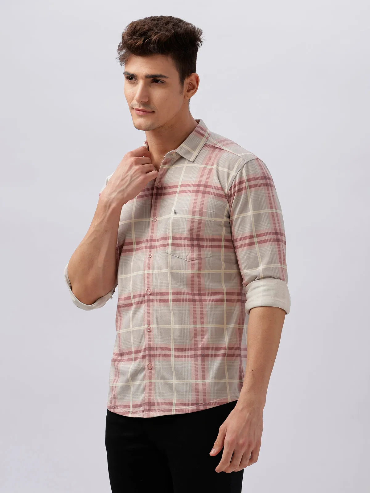 BULLMER Trendy Maroon Regular Fit Checked Causal Full sleeve Shirt For Men.
