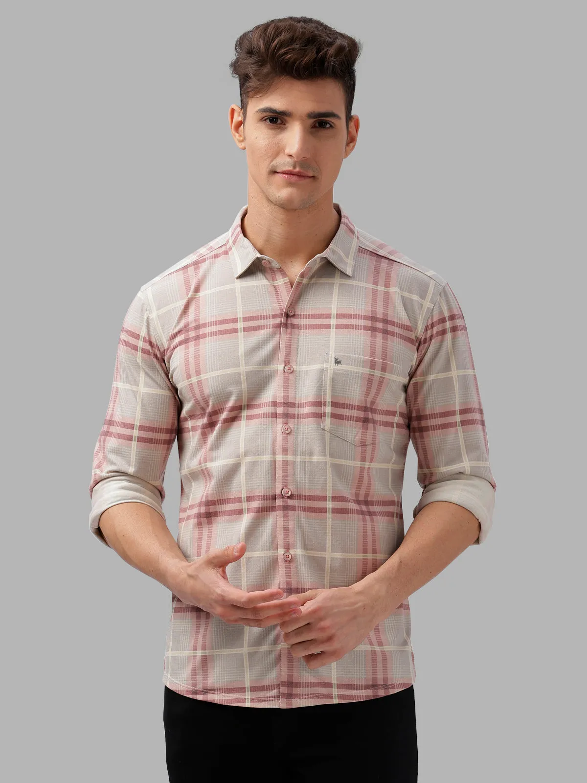 BULLMER Trendy Maroon Regular Fit Checked Causal Full sleeve Shirt For Men.