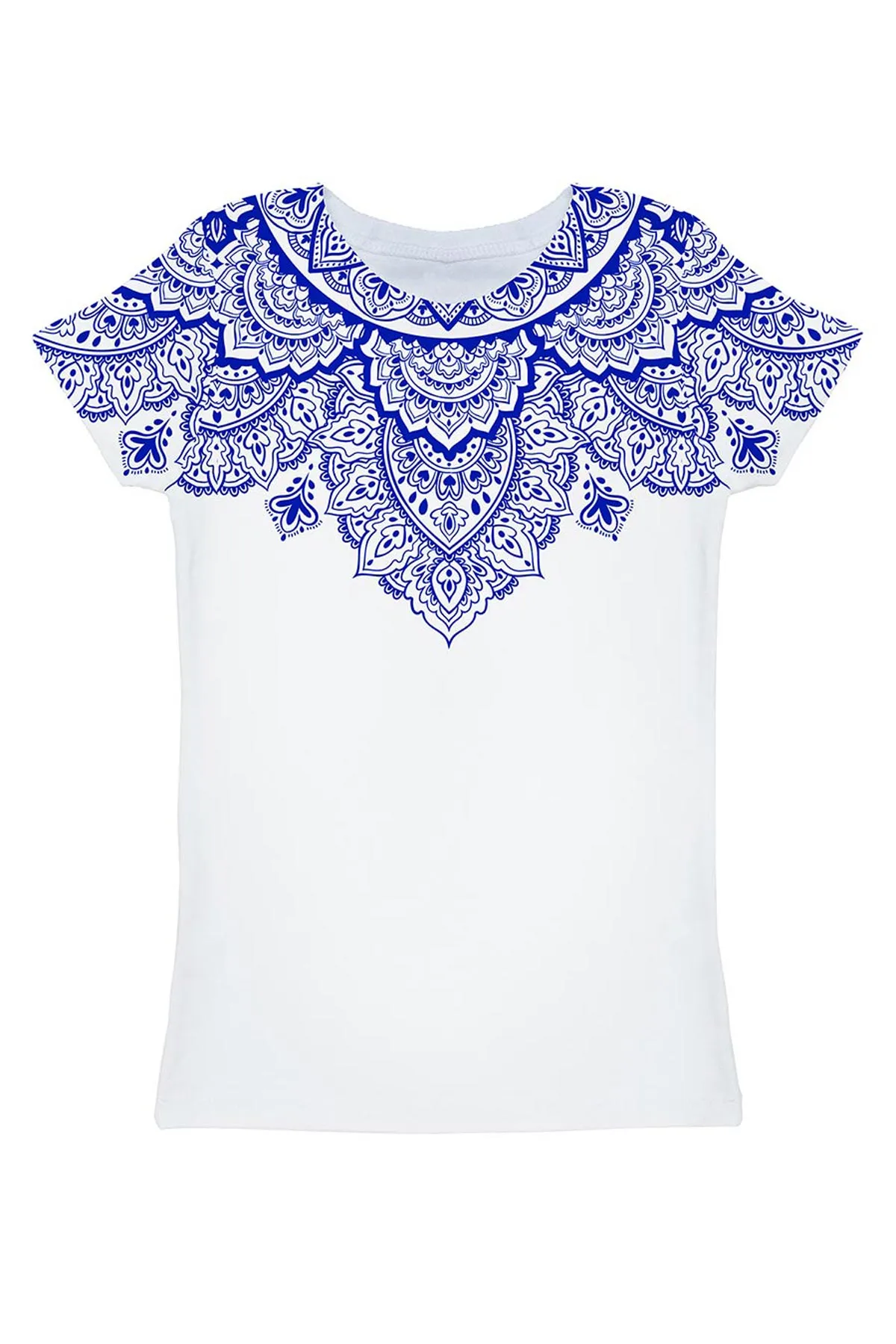 BUY 1 GET 4 FREE! Nirvana Zoe White & Blue Geometric Boho Print T-Shirt - Women