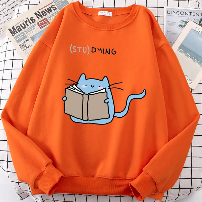 Cartoon Kitty Cat Studying Sweatshirt