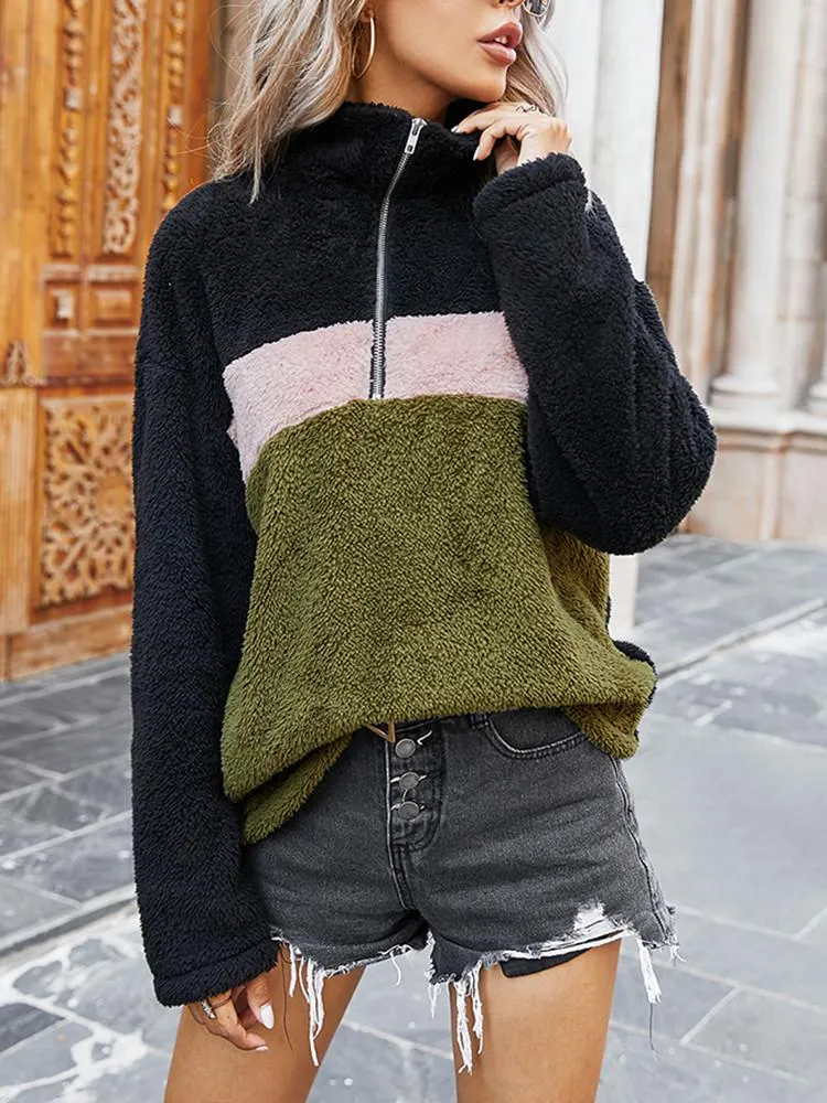 Color Matching Plush Half-zip Lapel Sweatshirt