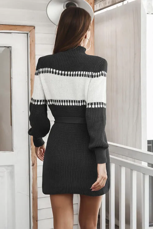 Contrast Tie Front Sweater Dress