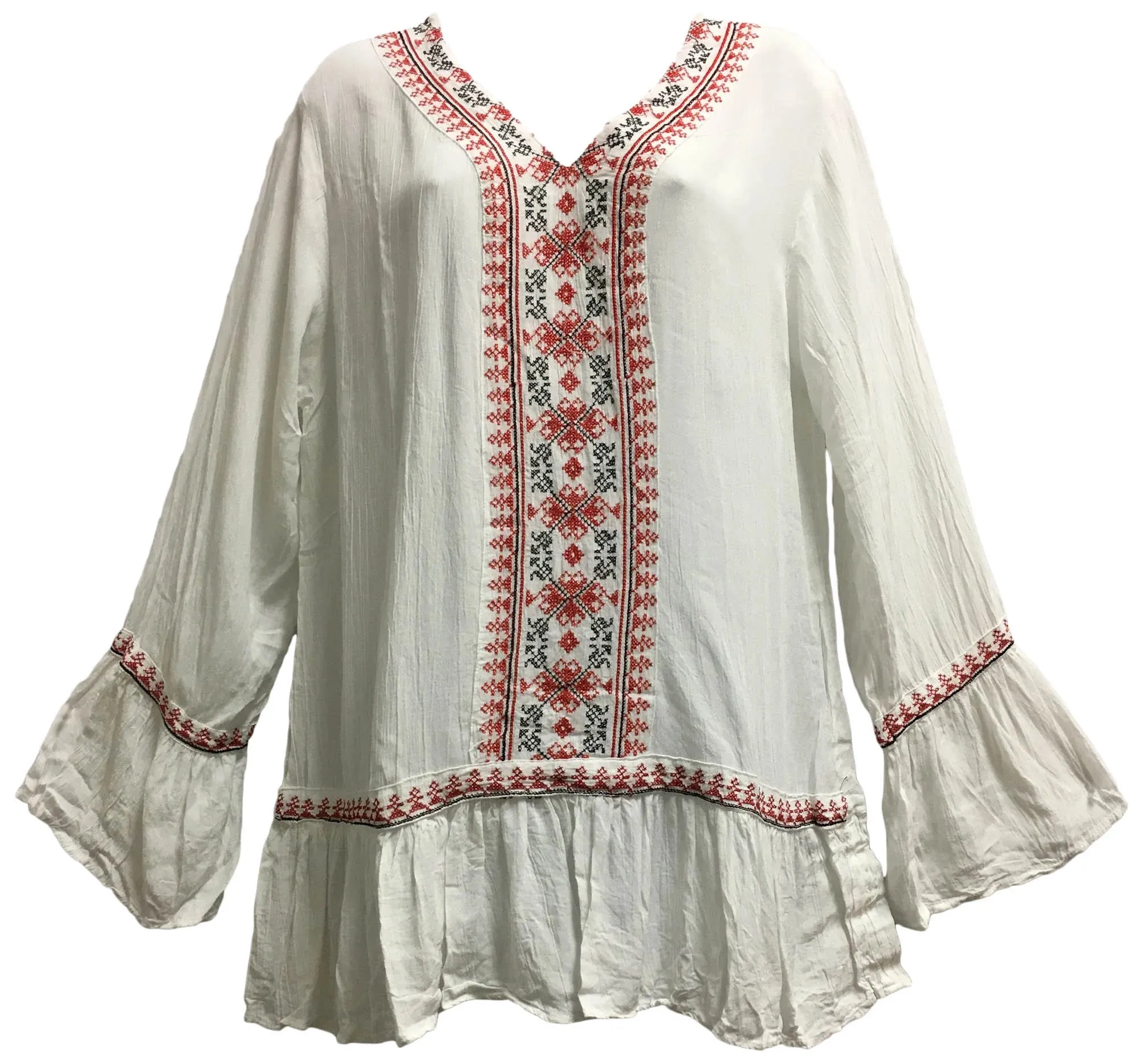 Crinkled White Gauze Cross Stitch Embroidery Ruffled Hem Boho Blouse Tunic Top
