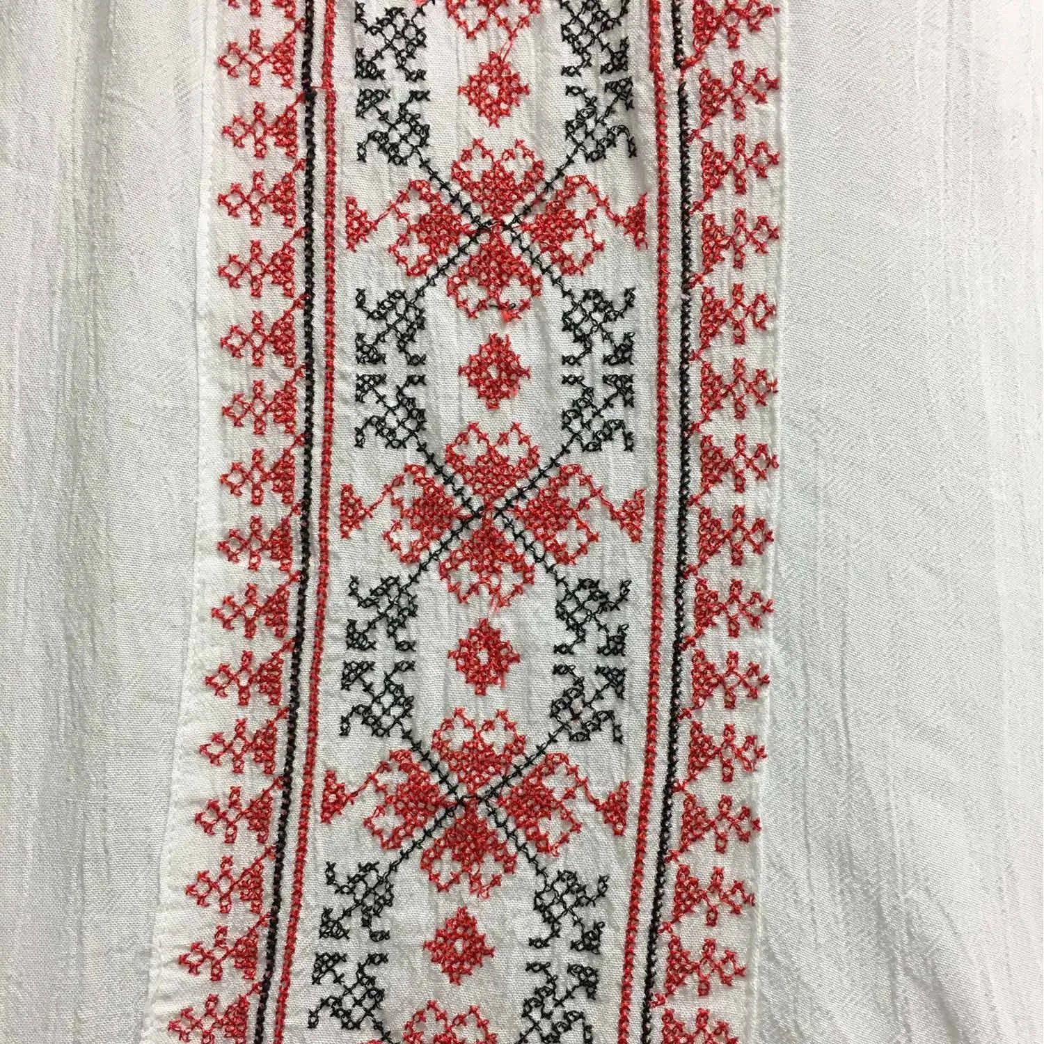 Crinkled White Gauze Cross Stitch Embroidery Ruffled Hem Boho Blouse Tunic Top