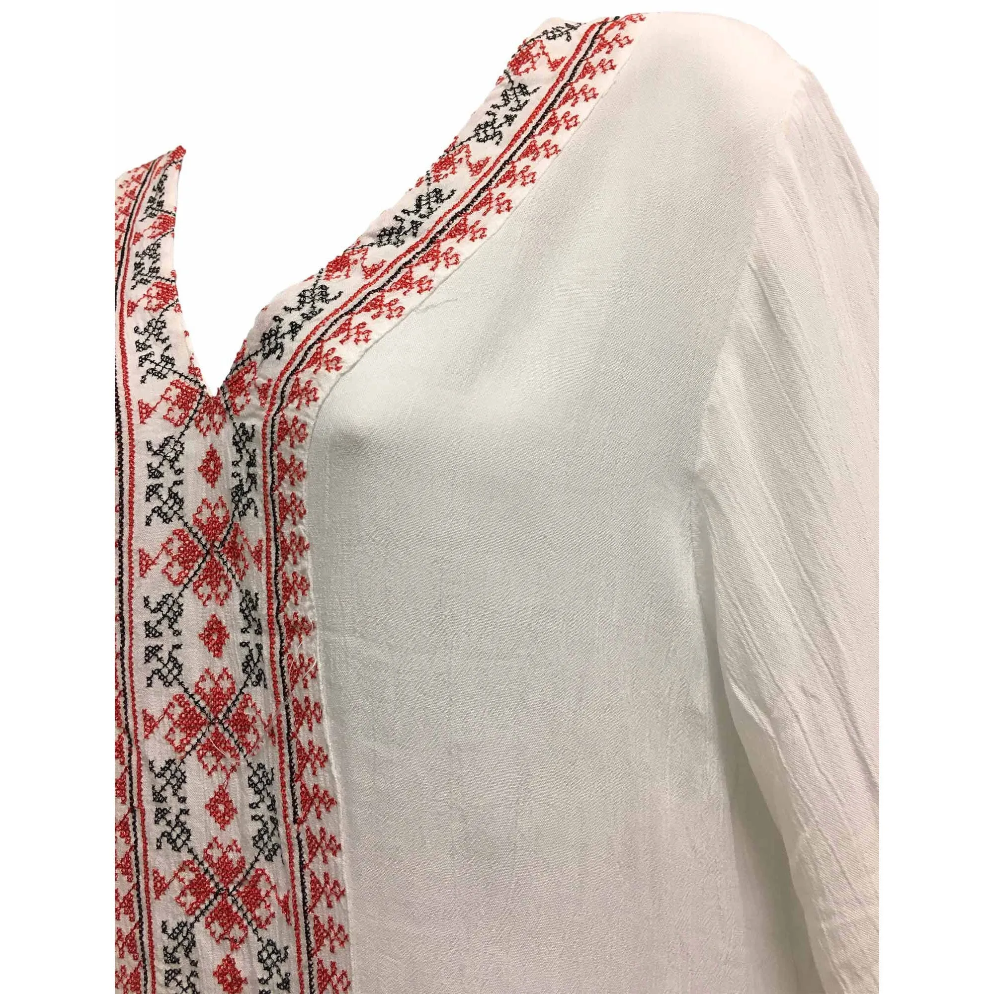 Crinkled White Gauze Cross Stitch Embroidery Ruffled Hem Boho Blouse Tunic Top