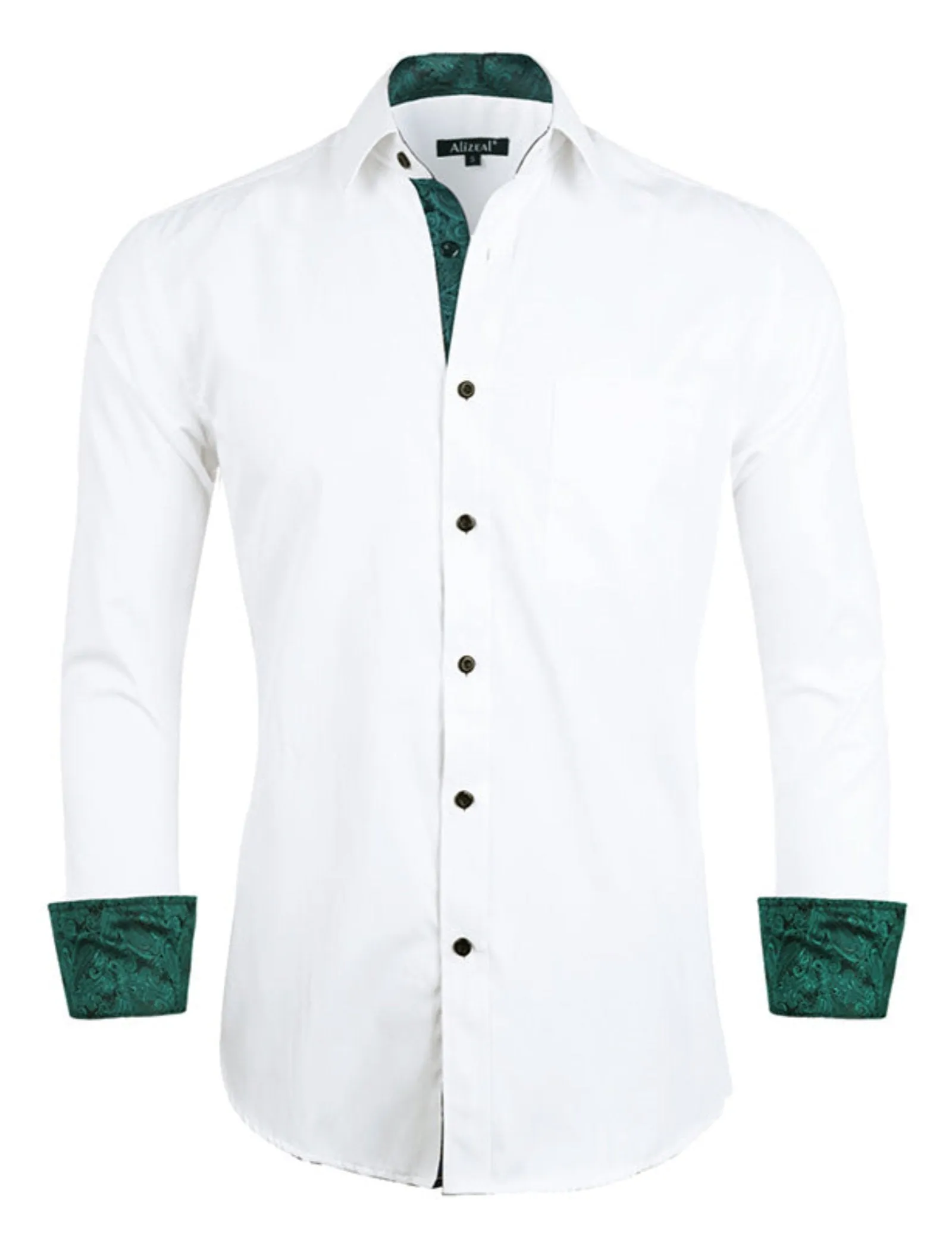 Men's Business Slim Fit Dress Shirt Long Sleeve Patchwork Button-Down Shirt, 004-White Dark Green