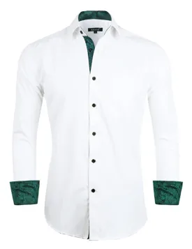 Men's Business Slim Fit Dress Shirt Long Sleeve Patchwork Button-Down Shirt, 004-White Dark Green