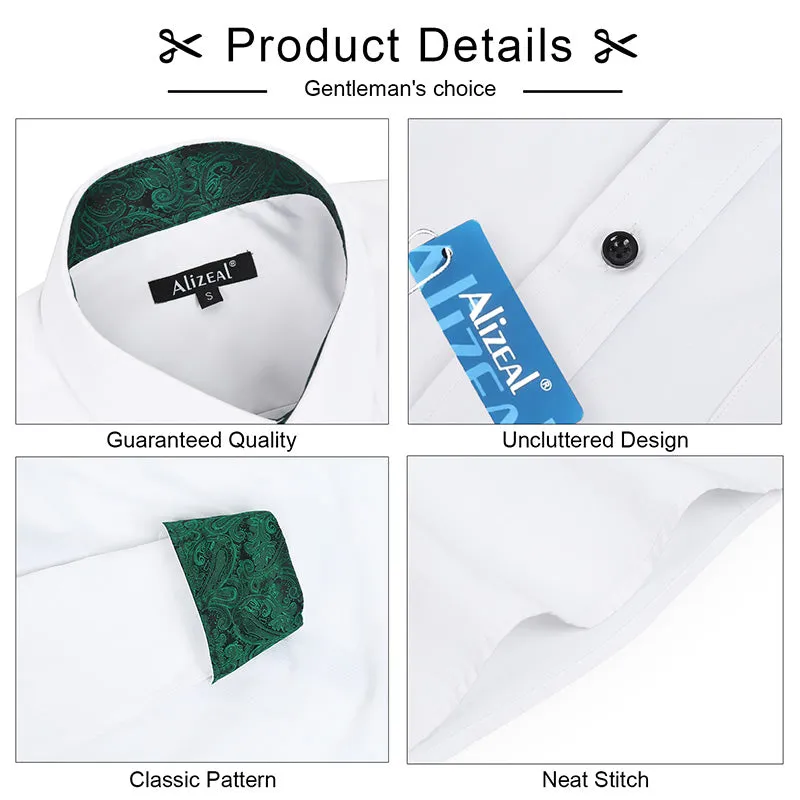Men's Business Slim Fit Dress Shirt Long Sleeve Patchwork Button-Down Shirt, 004-White Dark Green
