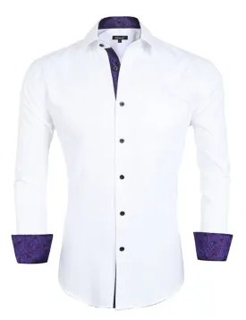 Men's Business Slim Fit Dress Shirt Long Sleeve Patchwork Button-Down Shirt, 004-White Dark Purple