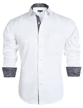 Men's Business Slim Fit Dress Shirt Long Sleeve Patchwork Button-Down Shirt, 004-White Gray