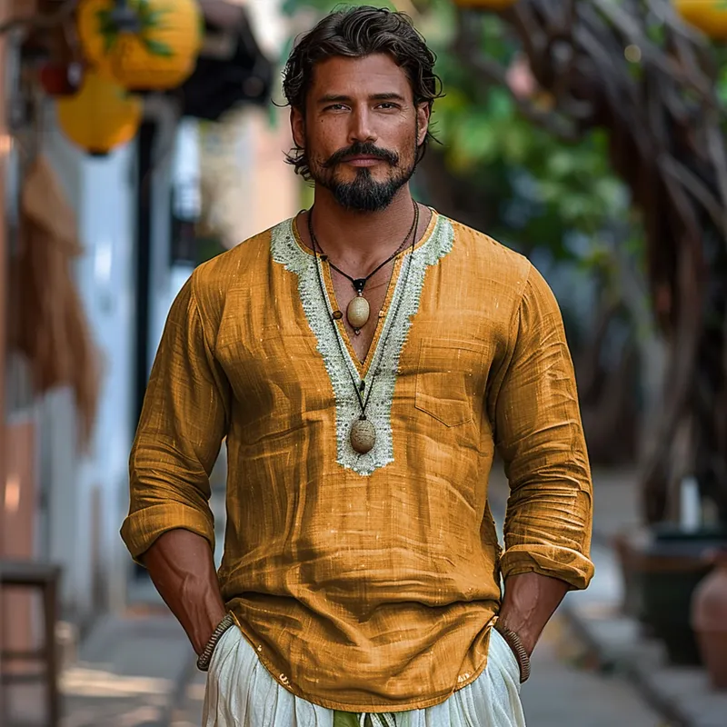 Men's Ethnic Style V Neck Long Sleeve Cotton And Linen Loose Shirt 33570789Z