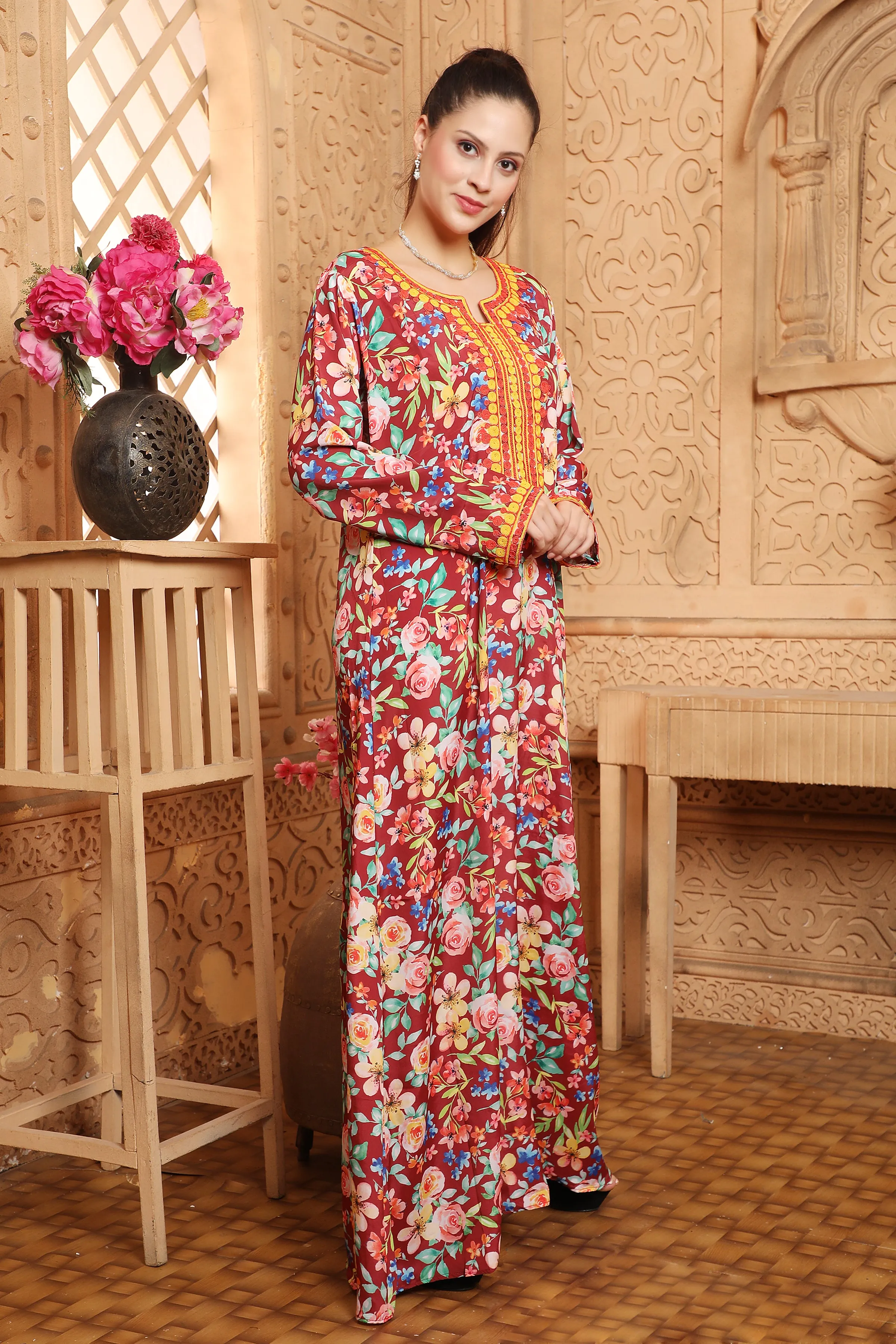 Occasional Vestidos Ethnic Mukhawar Red Floral Print Kaftan