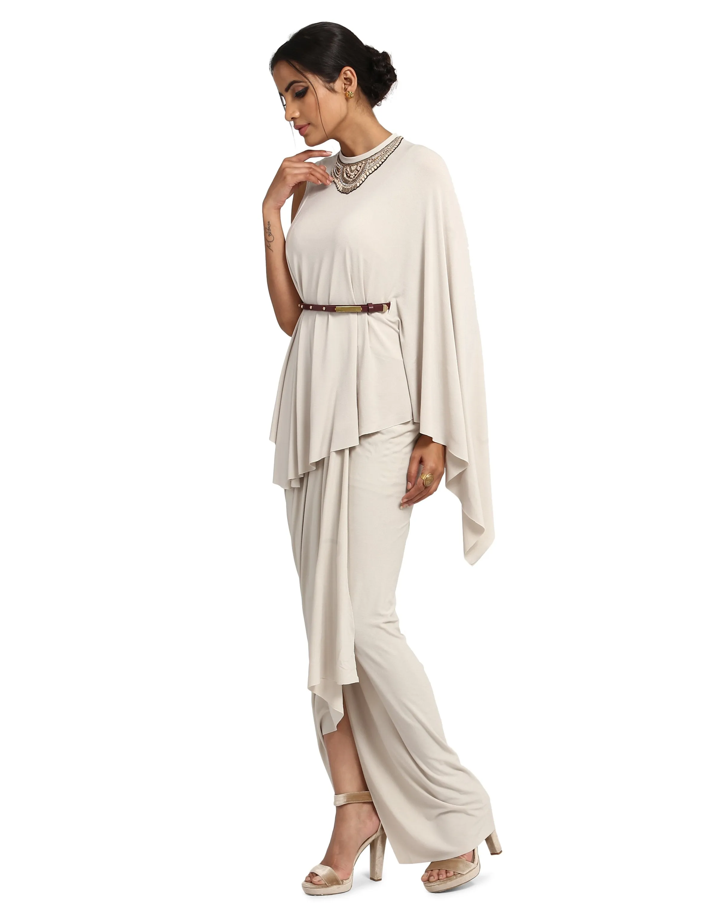 One-Shoulder Cape T-Shirt- Ivory
