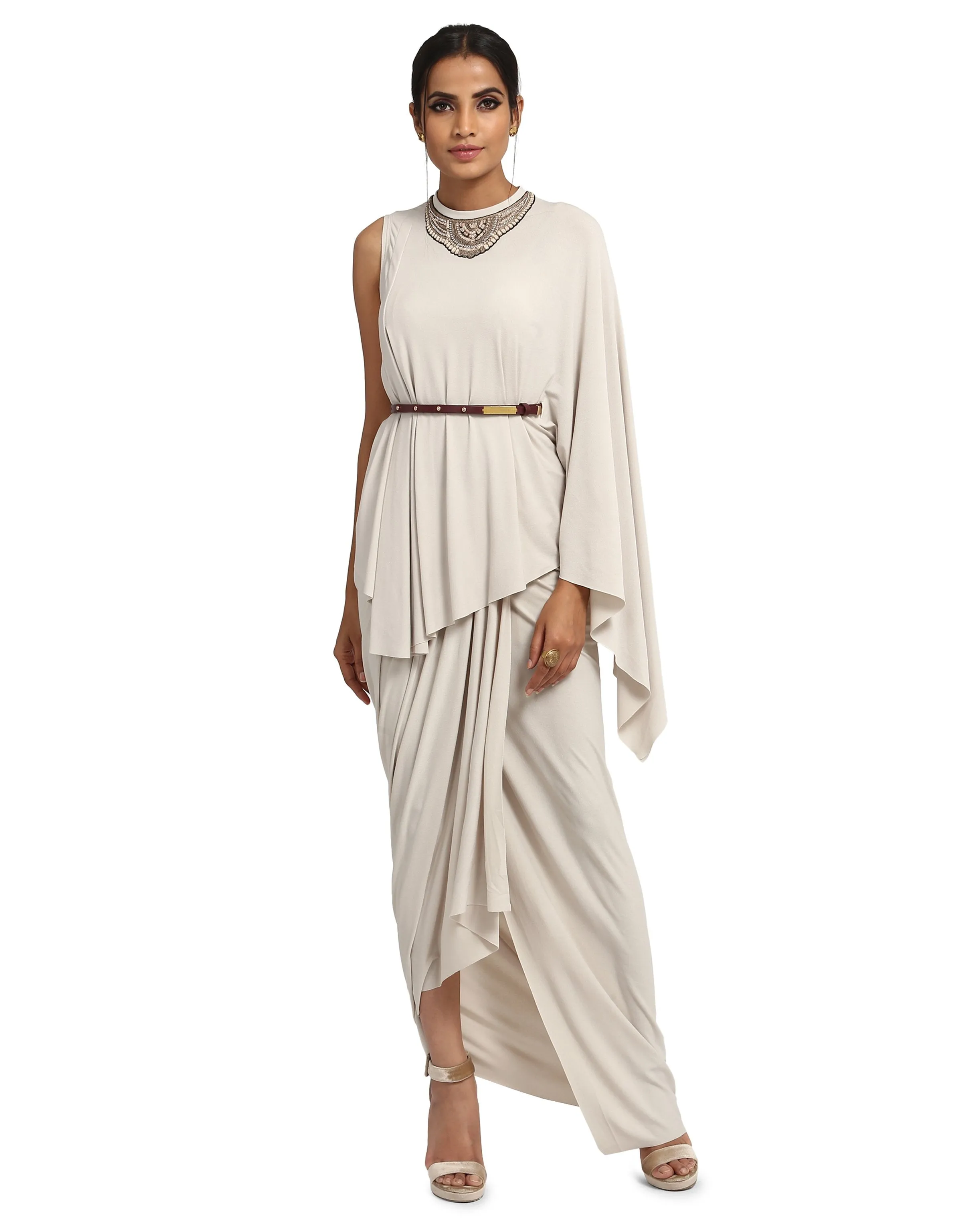 One-Shoulder Cape T-Shirt- Ivory