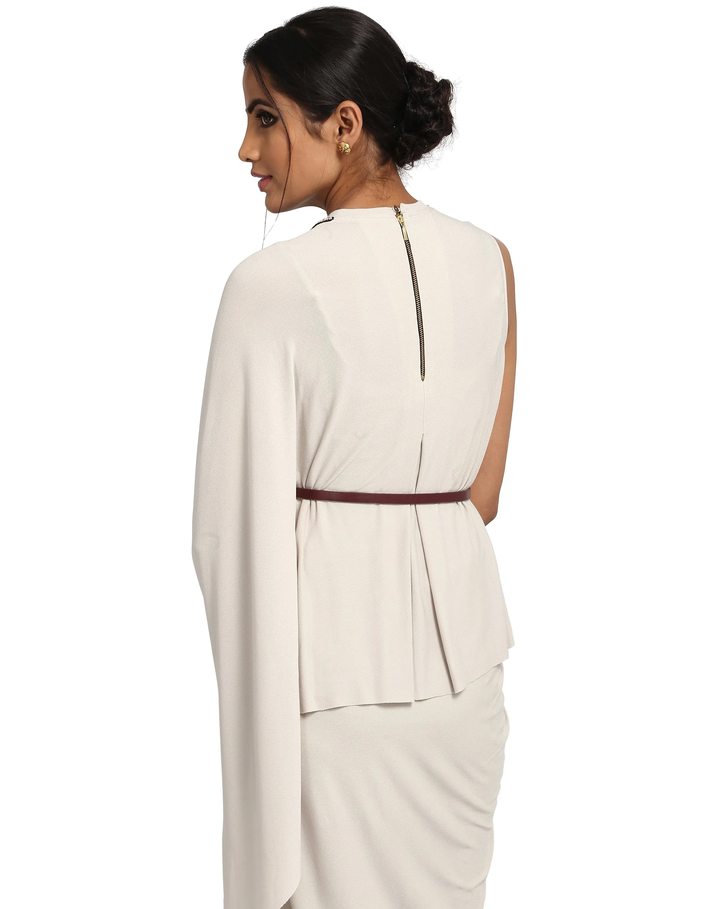 One-Shoulder Cape T-Shirt- Ivory
