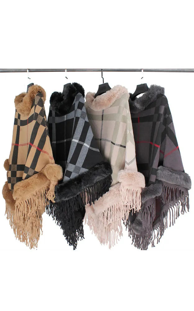 P1796 Plaid Pattern Comfy Fur Trim Poncho 6pcs Pack