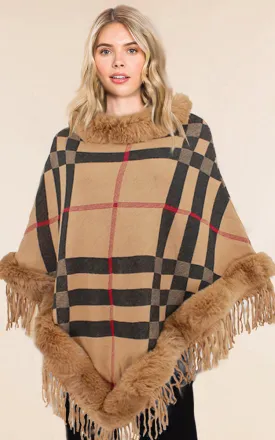 P1796 Plaid Pattern Comfy Fur Trim Poncho 6pcs Pack