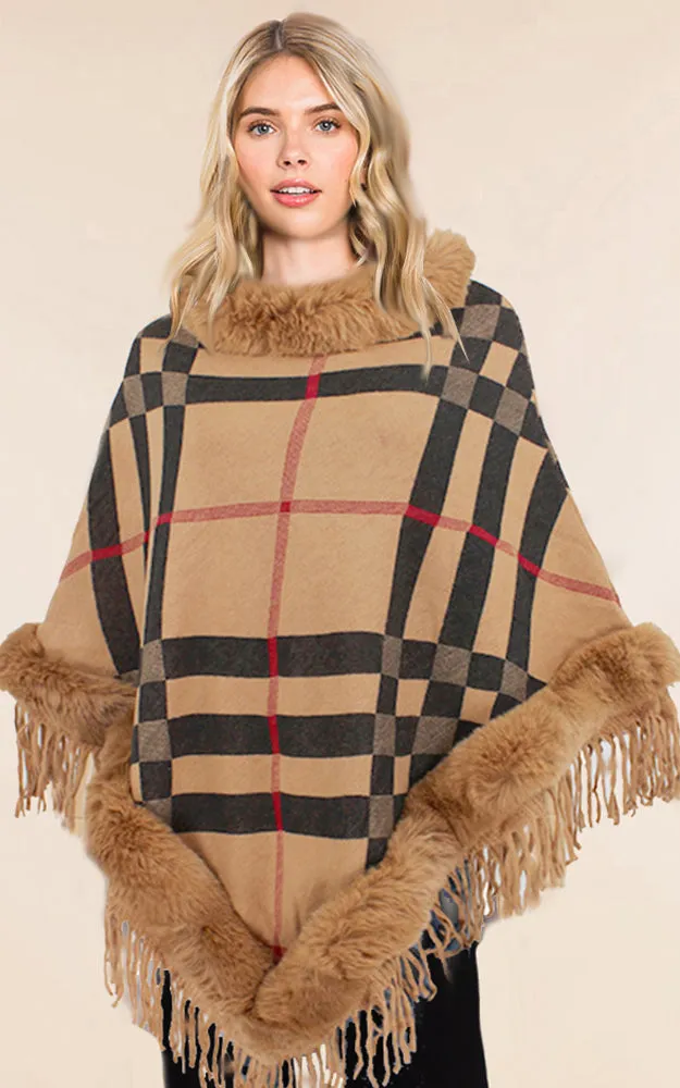 P1796 Plaid Pattern Comfy Fur Trim Poncho 6pcs Pack