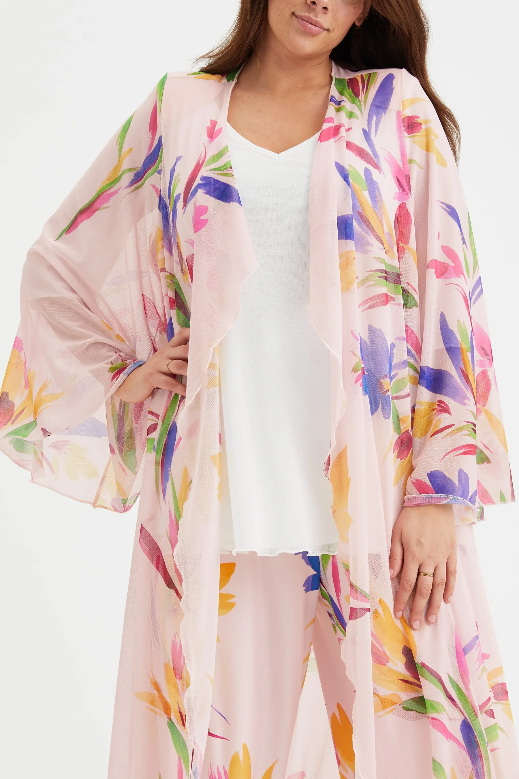Peach Pink Waterfall Long Mesh Kimono