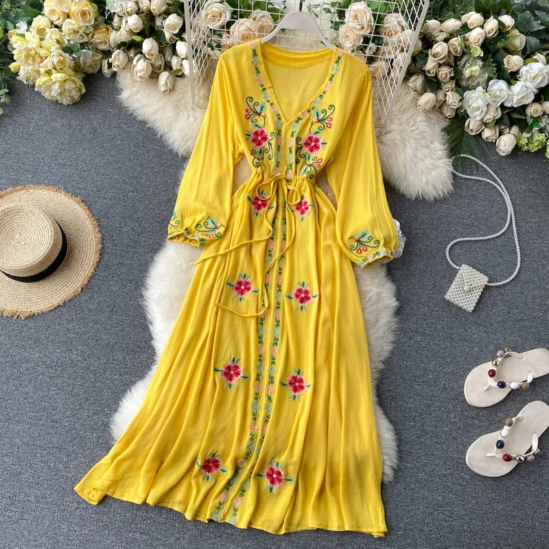 Purpdrank - 2023 spring fashion Women's Dress Travel Photography Holiday Long Dress New Retro Ethnic Style Embroidered V-neck Lantern Sleeve Dress