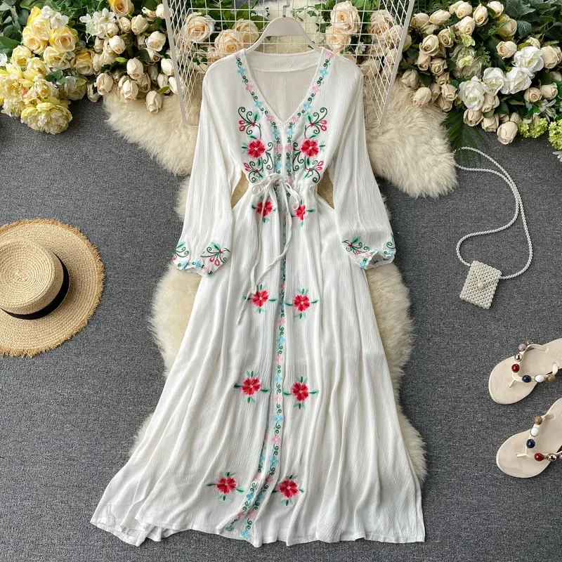Purpdrank - 2023 spring fashion Women's Dress Travel Photography Holiday Long Dress New Retro Ethnic Style Embroidered V-neck Lantern Sleeve Dress
