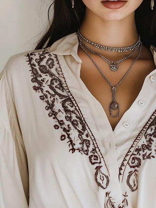 Retro Half-placket Buttons Flower Embroidery Blouse