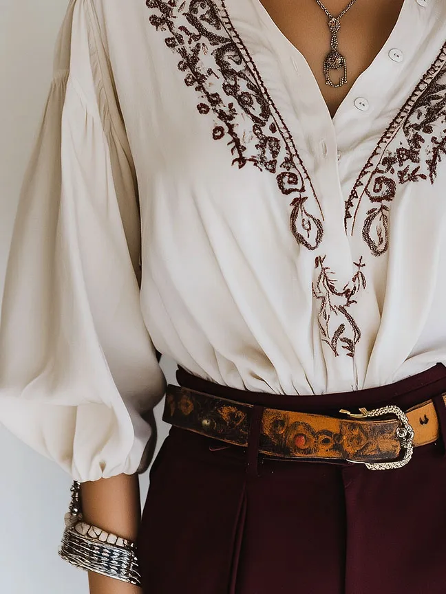 Retro Half-placket Buttons Flower Embroidery Blouse