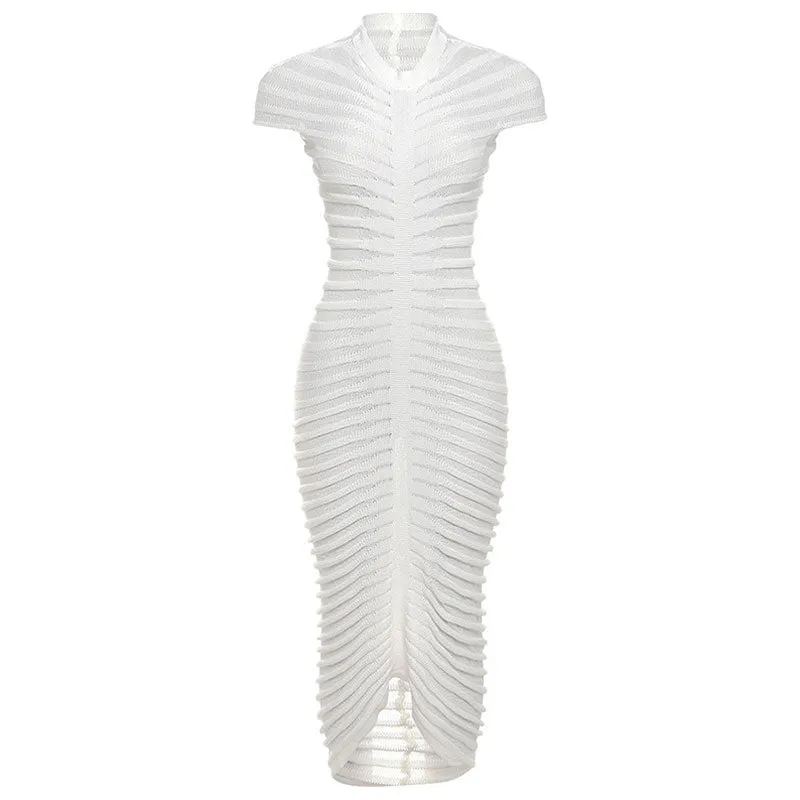 Sexy Semi Sheer Mock Neck Short Sleeve Bodycon Sweater Midi Knit Dress