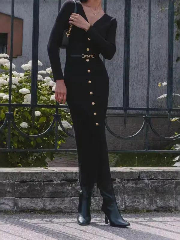 Trendy Gold-Buttoned Ribbed Dress for Stylish Outings