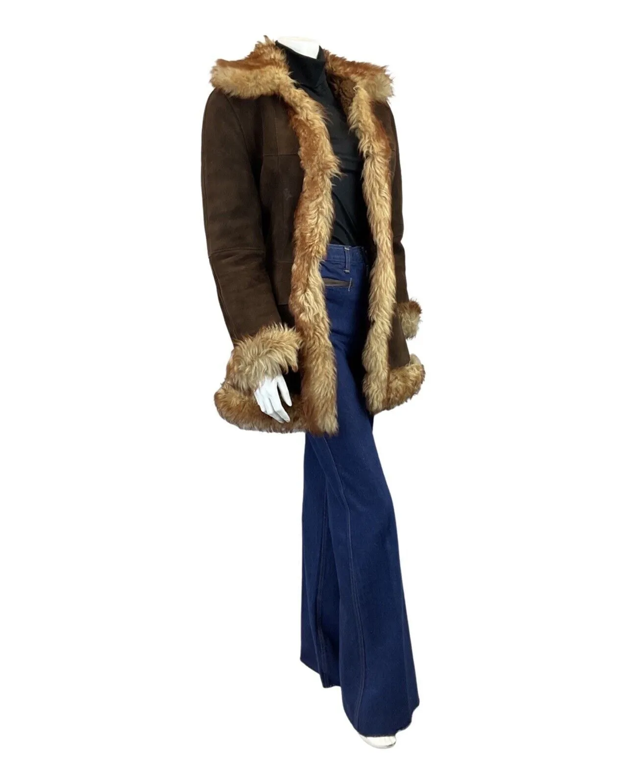 VINTAGE 60s 70s DARK BROWN CREAM SUEDE BOHO PENNY LANE SHEARLING SHORT COAT 8 10