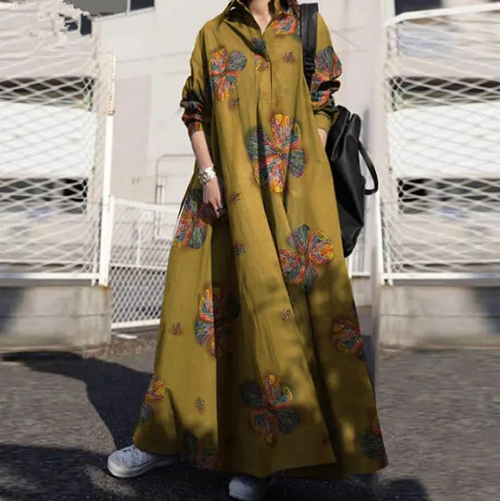 Women's Autumn Print Cotton Linen Retro Ethnic Dresses