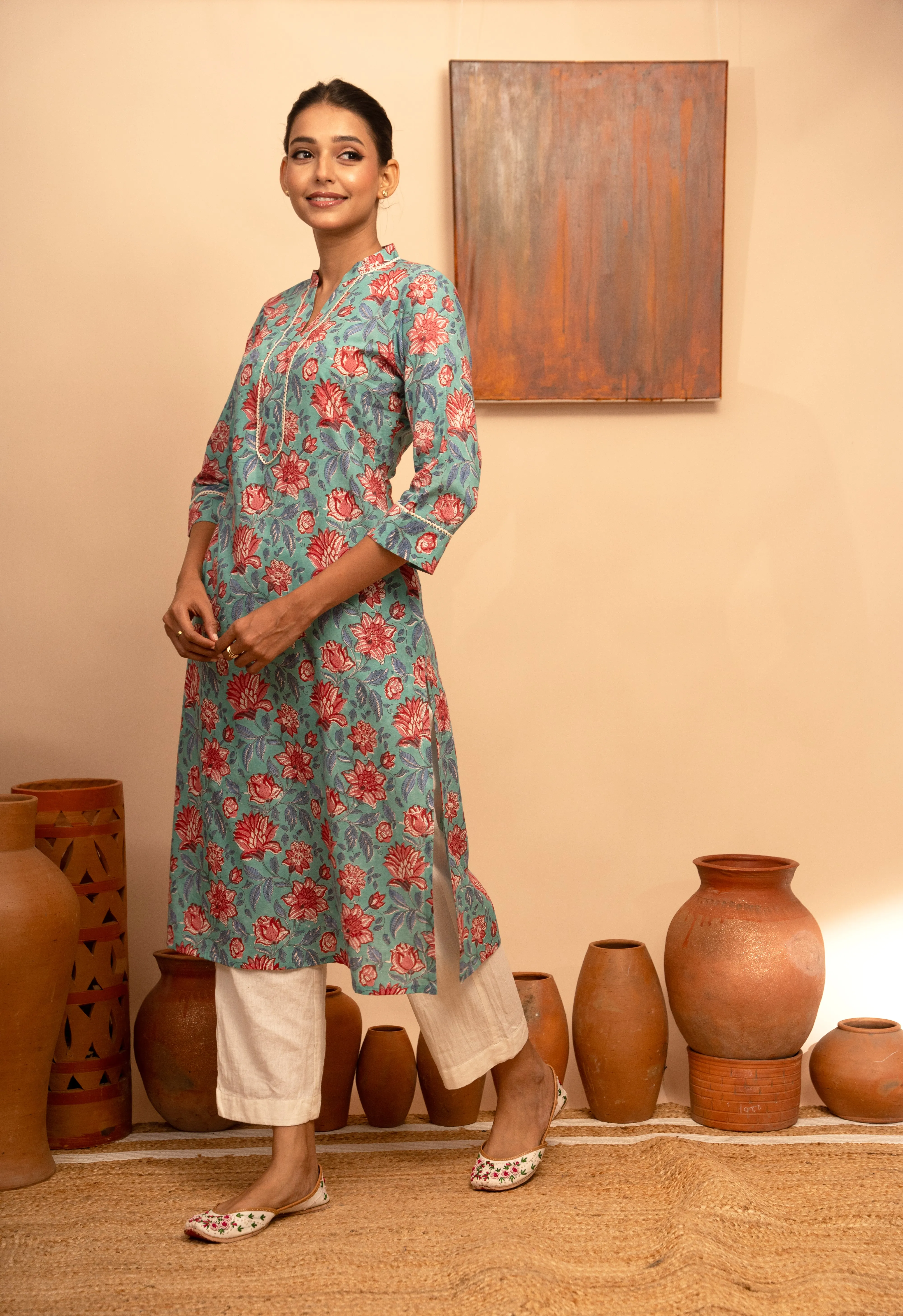 Womens Cotton Collar Neck Printed Regular Fit Kurta  Stone Blue  - Arya collection