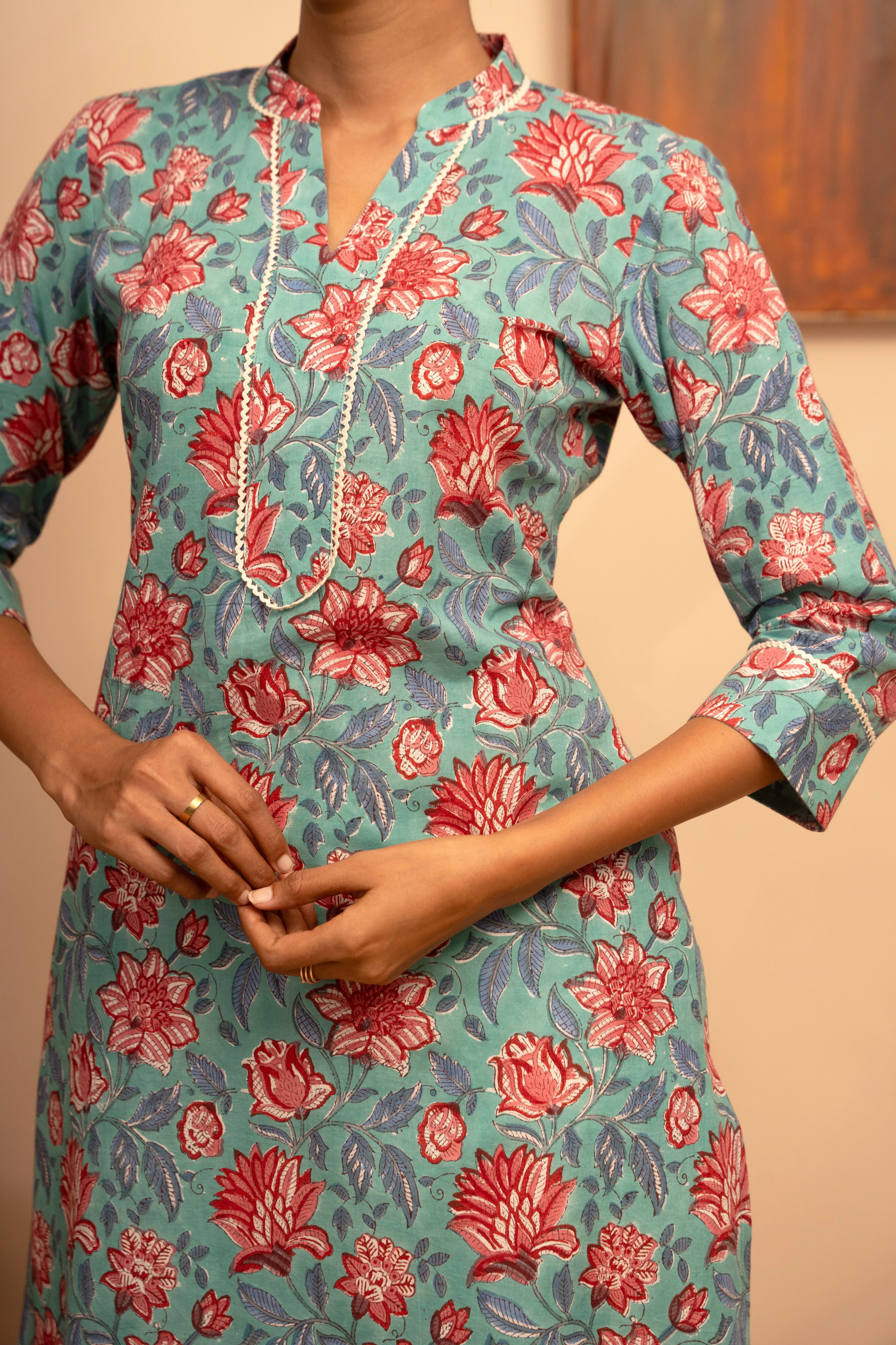 Womens Cotton Collar Neck Printed Regular Fit Kurta  Stone Blue  - Arya collection