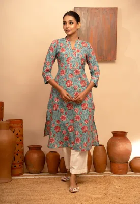 Womens Cotton Collar Neck Printed Regular Fit Kurta  Stone Blue  - Arya collection