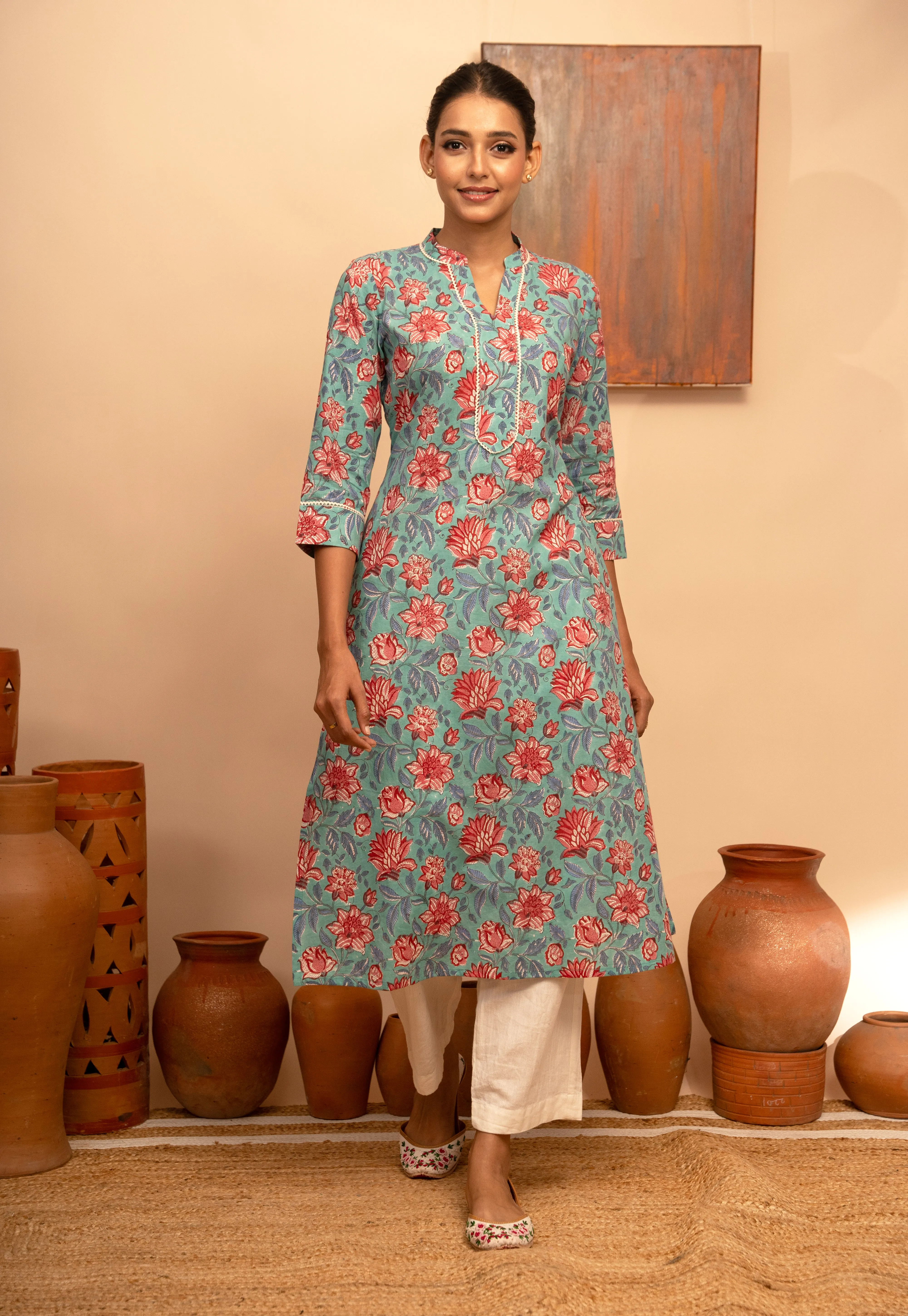 Womens Cotton Collar Neck Printed Regular Fit Kurta  Stone Blue  - Arya collection