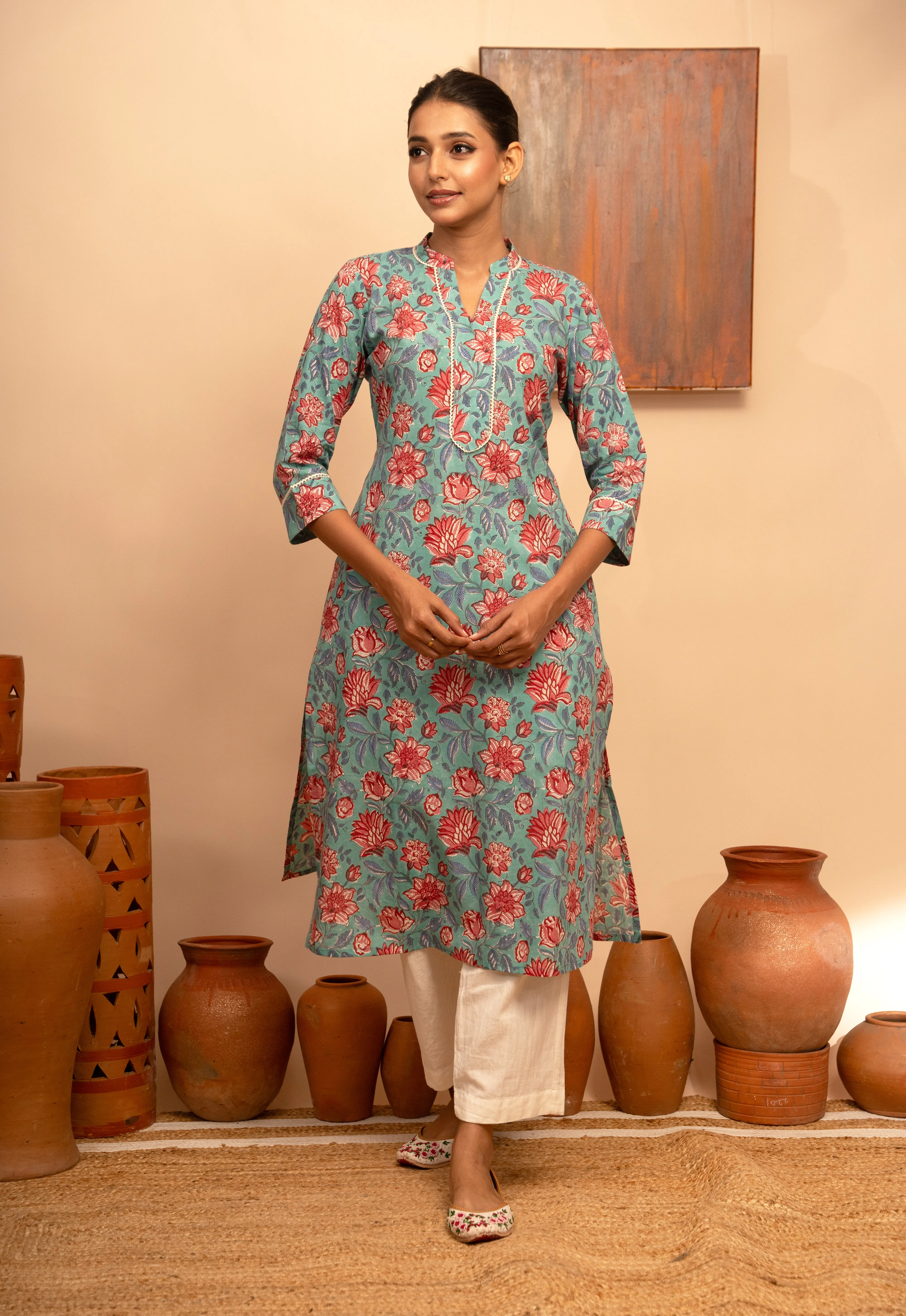 Womens Cotton Collar Neck Printed Regular Fit Kurta  Stone Blue  - Arya collection