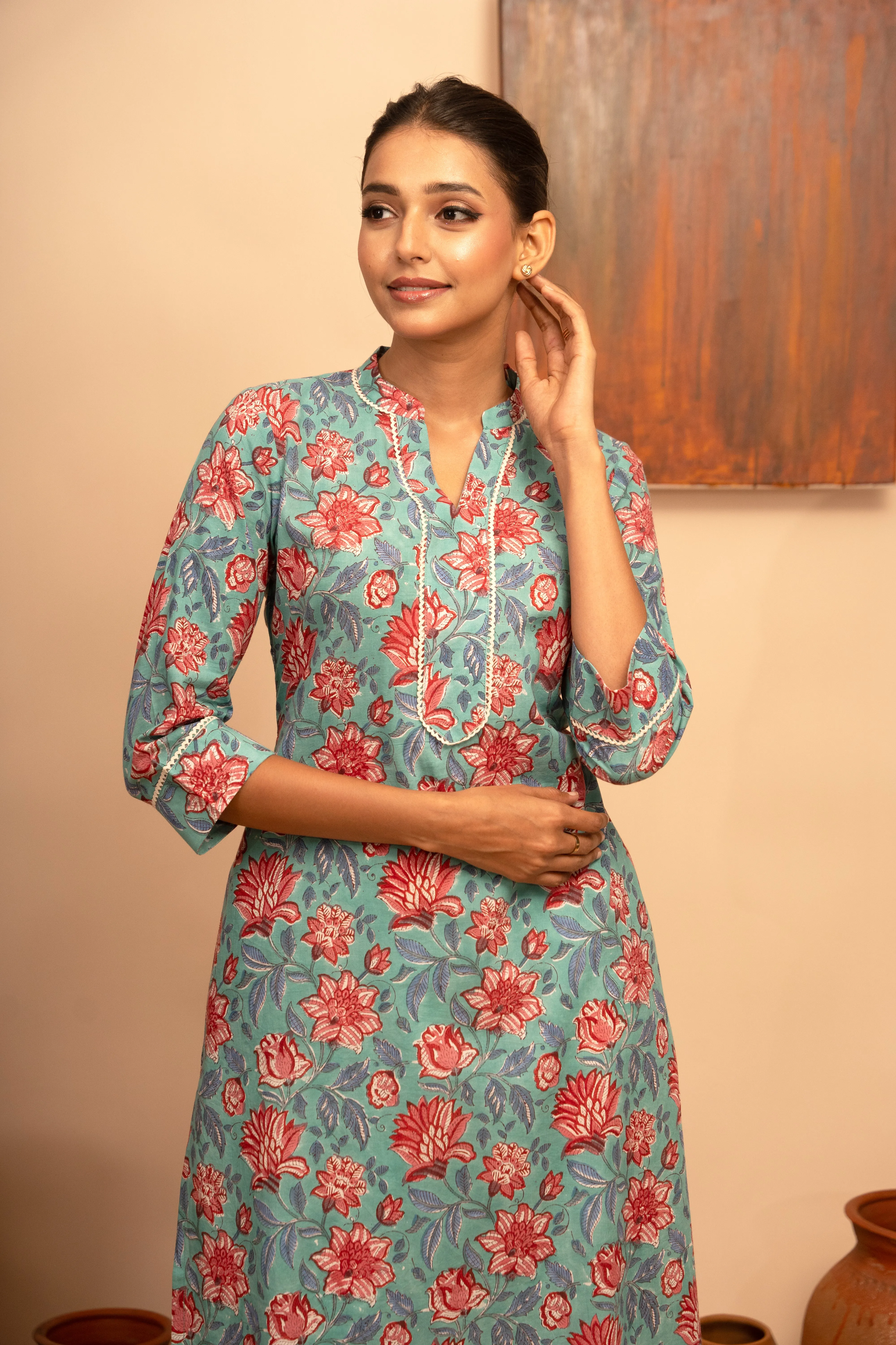 Womens Cotton Collar Neck Printed Regular Fit Kurta  Stone Blue  - Arya collection