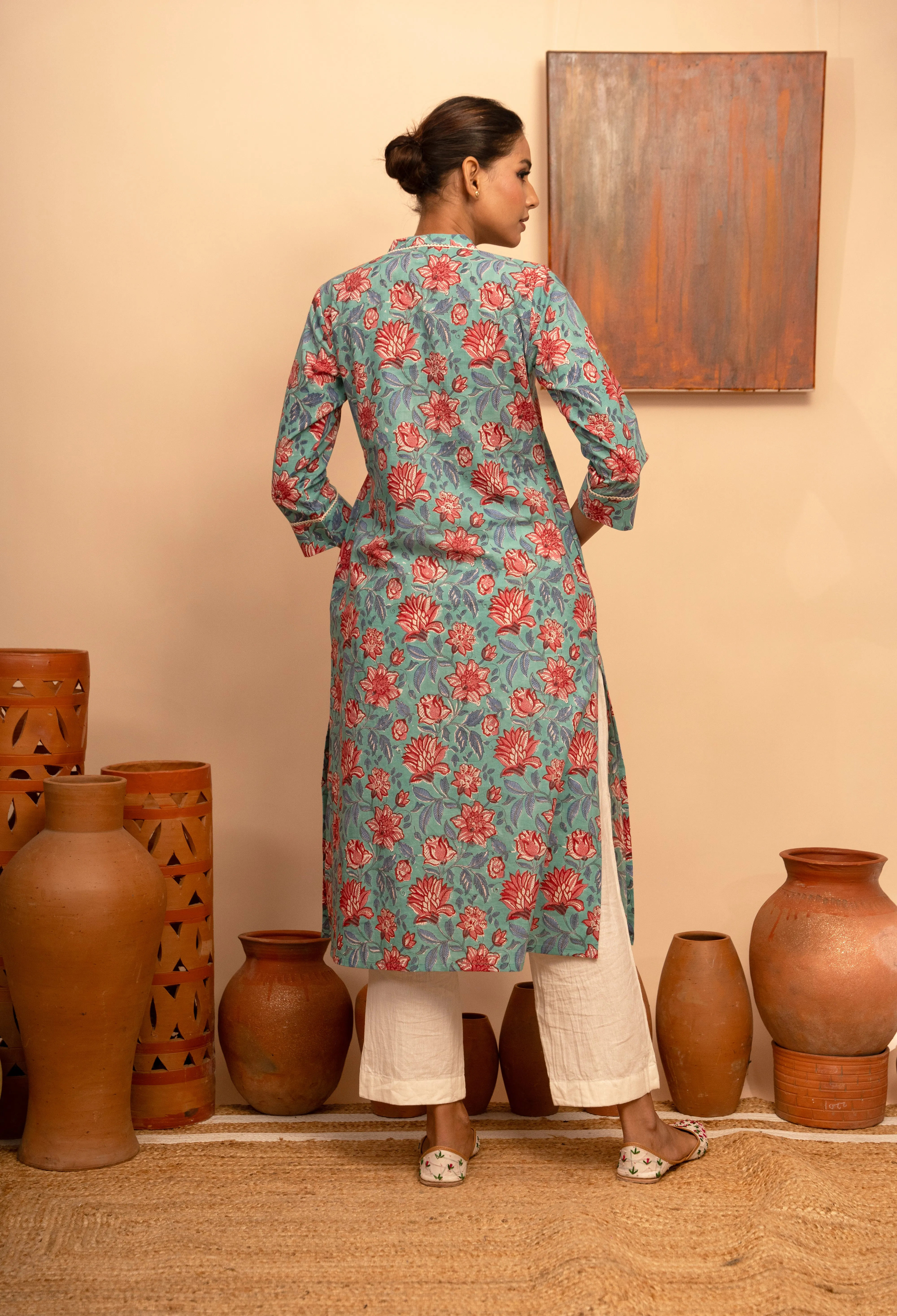 Womens Cotton Collar Neck Printed Regular Fit Kurta  Stone Blue  - Arya collection