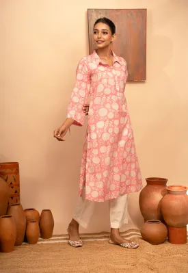 Womens Cotton Round Collar Block-Printed Pink  Regular Fit Kurta  Arya collection