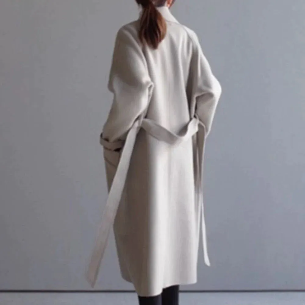 Women's Overcoat - Wool Blend - Double-Breasted - Notched Lapel - Belted Long Coat