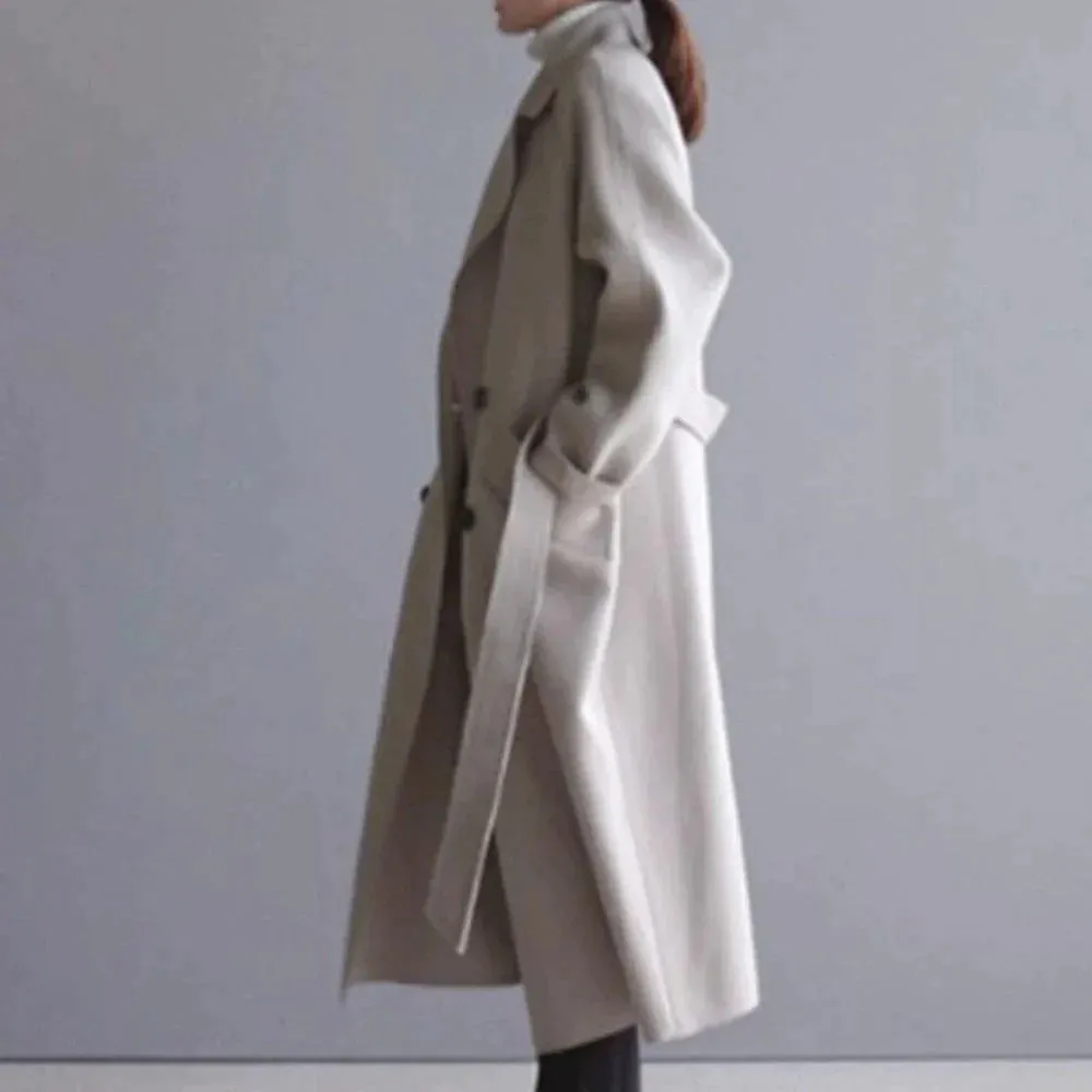 Women's Overcoat - Wool Blend - Double-Breasted - Notched Lapel - Belted Long Coat