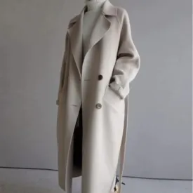 Women's Overcoat - Wool Blend - Double-Breasted - Notched Lapel - Belted Long Coat
