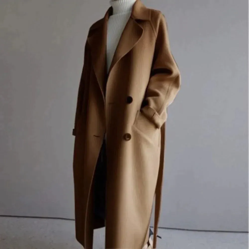 Women's Overcoat - Wool Blend - Double-Breasted - Notched Lapel - Belted Long Coat