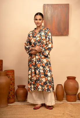 Womens Twill Cotton Printed Collar Neck Blue Regular Fit Kurta  Arya collection